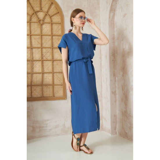 Pasaklı Giyim Kadın Yırtmaçlı Elbise İndigo