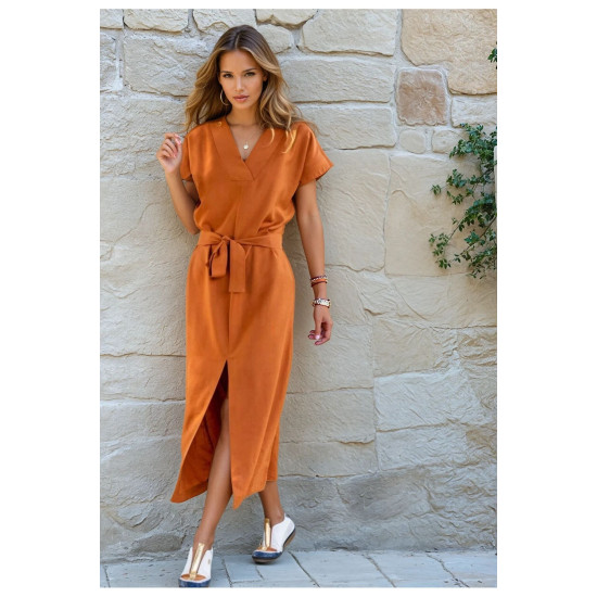 Pasaklı Giyim Kadın Yırtmaçlı Elbise Kiremit