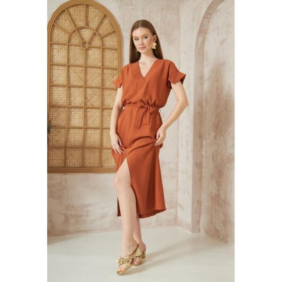 Pasaklı Giyim Kadın Yırtmaçlı Elbise Kiremit