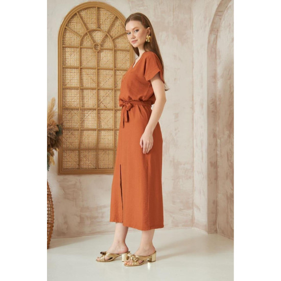 Pasaklı Giyim Kadın Yırtmaçlı Elbise Kiremit