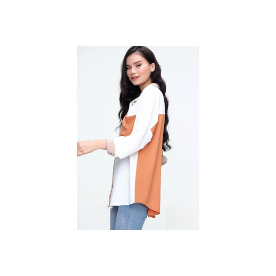 Pasaklı Giyim Kadın İki Renkli Gömlek Bej-Kiremit