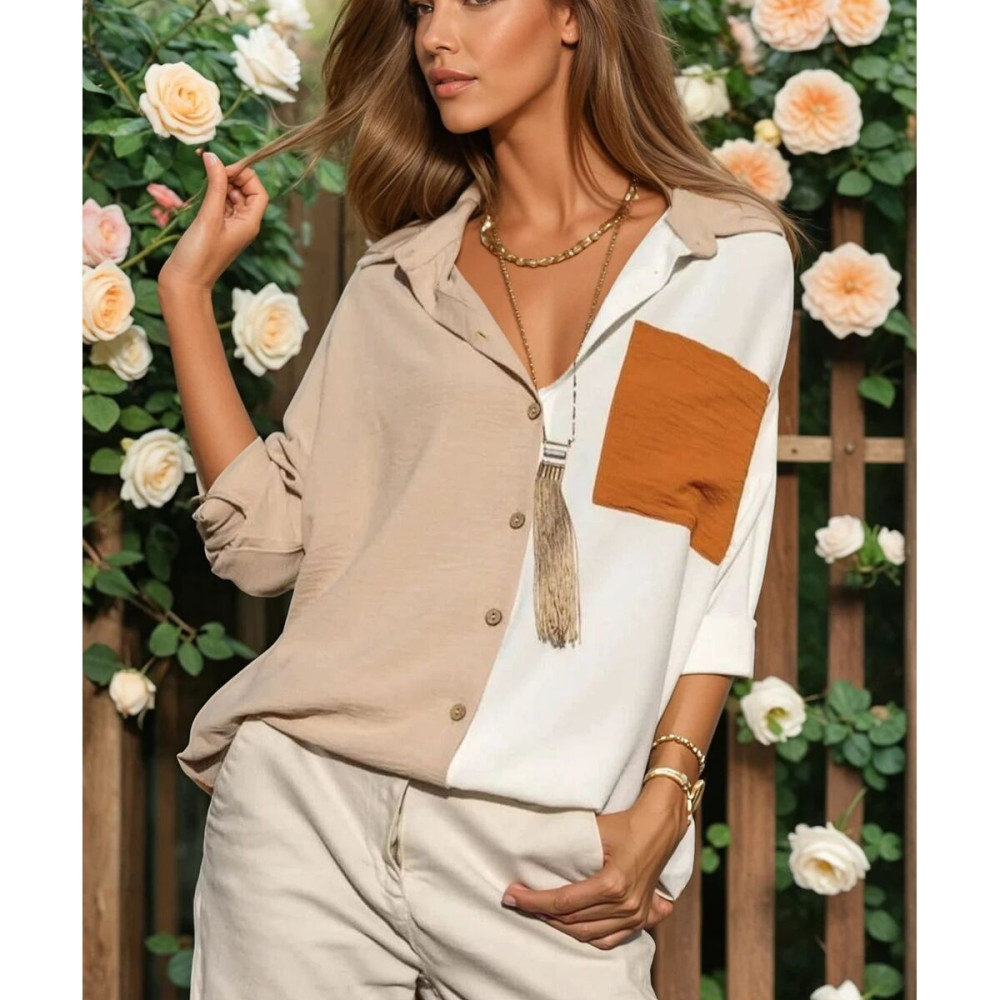 Pasaklı Giyim Kadın İki Renkli Gömlek 3071264 Bej-Kiremit