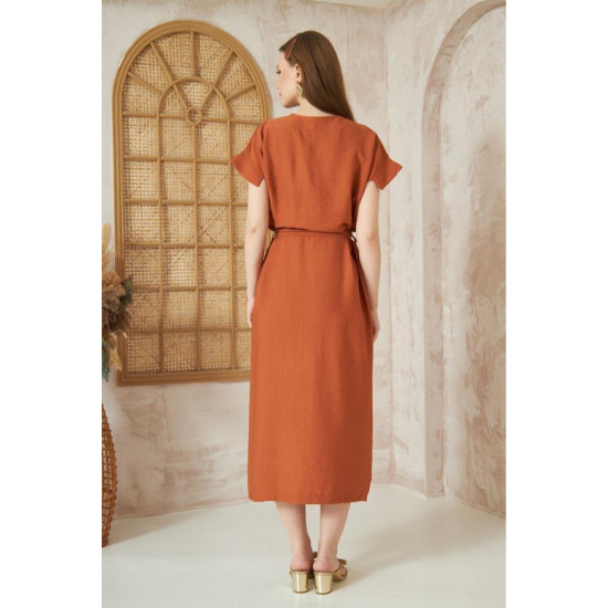 Pasaklı Giyim Kadın Yırtmaçlı Elbise Kiremit