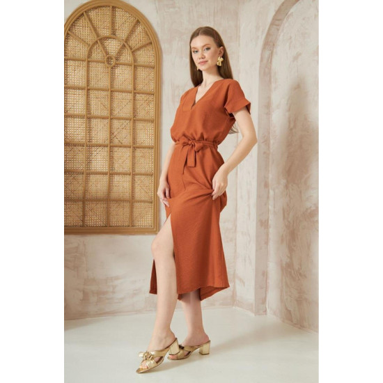 Pasaklı Giyim Kadın Yırtmaçlı Elbise Kiremit