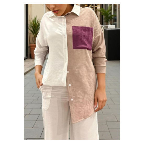 Pasaklı Giyim Kadın İki Renkli Gömlek Bej-Beyaz