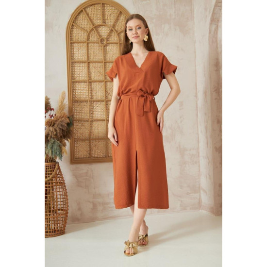 Pasaklı Giyim Kadın Yırtmaçlı Elbise Kiremit