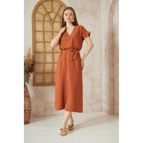 Pasaklı Giyim Kadın Yırtmaçlı Elbise Kiremit