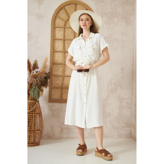 Pasaklı Giyim Kadın Safari Elbise Beyaz