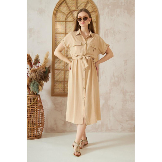 Pasaklı Giyim Kadın Safari Elbise Bej