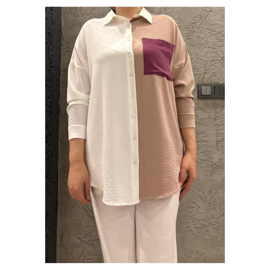 Pasaklı Giyim Kadın İki Renkli Gömlek Bej-Beyaz