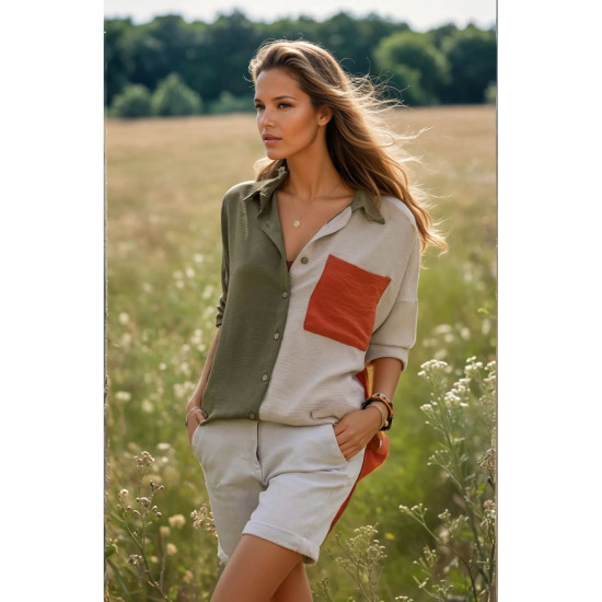 Pasaklı Giyim Kadın İki Renkli Gömlek Haki-Oranj