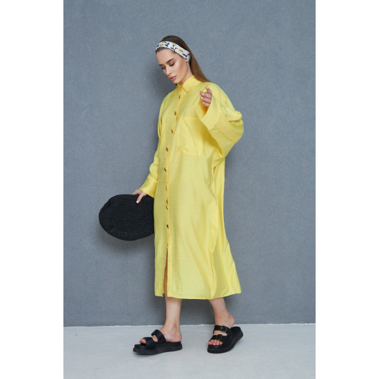 Pasaklı Giyim Kadın Oversize Yarasa Kol Tesettüre Uygun Gömlek Elbise-Tesettür Tunik Sarı