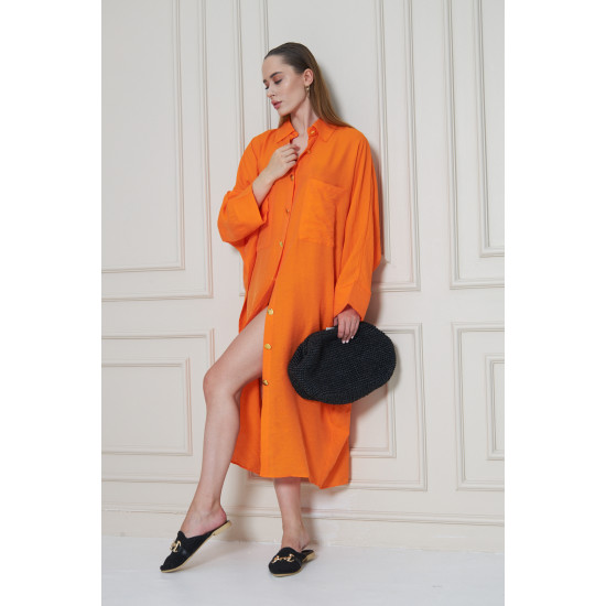 Pasaklı Giyim Kadın Oversize Yarasa Kol Tesettüre Uygun Gömlek Elbise-Tesettür Tunik Turuncu