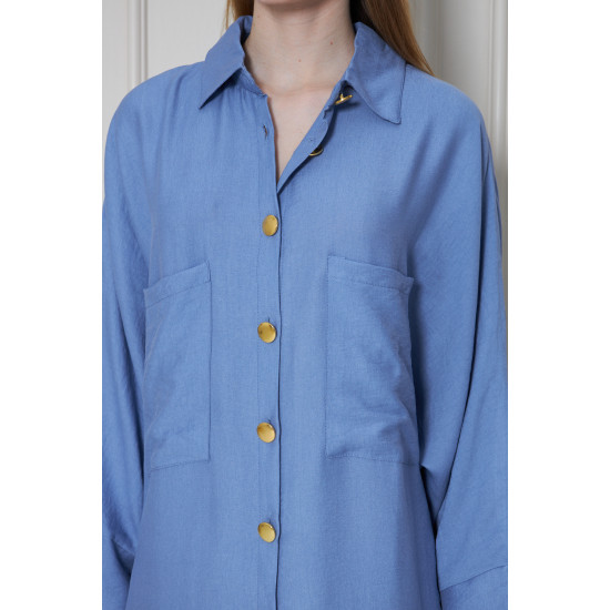 Pasaklı Giyim Kadın Oversize Yarasa Kol Tesettüre Uygun Gömlek Elbise-Tesettür Tunik Mavi