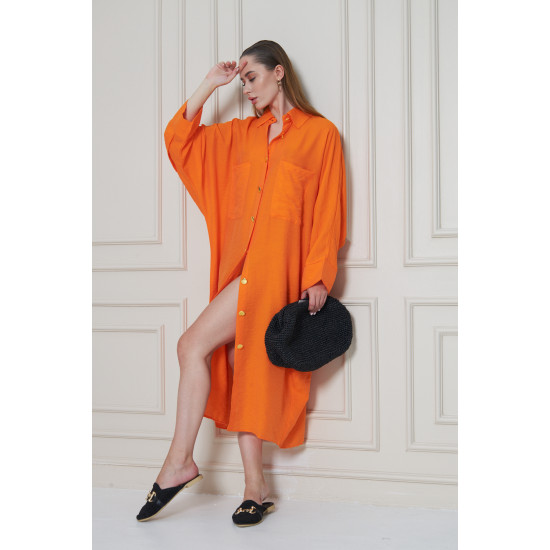 Pasaklı Giyim Kadın Oversize Yarasa Kol Tesettüre Uygun Gömlek Elbise-Tesettür Tunik Turuncu