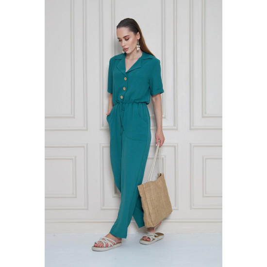 Pasaklı Giyim Kadın Beli Büzgülü Tulum Petrol