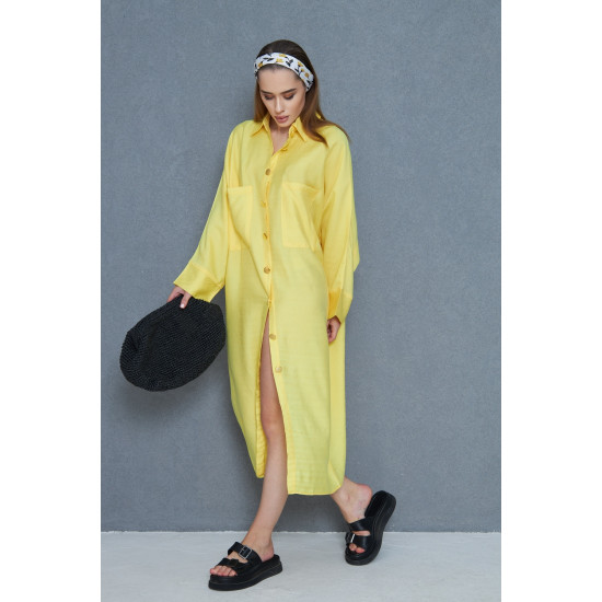 Pasaklı Giyim Kadın Oversize Yarasa Kol Tesettüre Uygun Gömlek Elbise-Tesettür Tunik Sarı