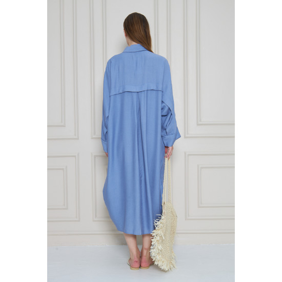 Pasaklı Giyim Kadın Oversize Yarasa Kol Tesettüre Uygun Gömlek Elbise-Tesettür Tunik Mavi