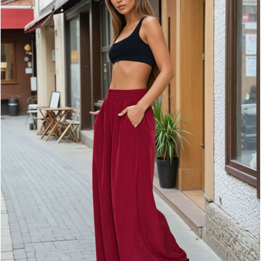 Pasaklı Giyim Beli Lastikli Tensel Kumaş Pantolon 3391341 Bordo