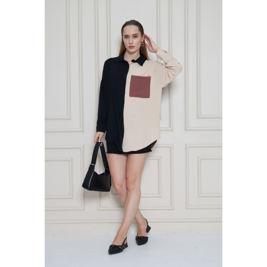 Pasaklı Giyim Kadın İki Renkli Gömlek Siyah-Bej