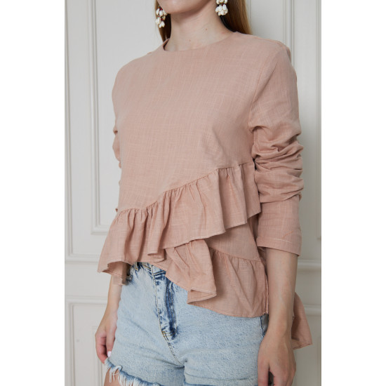 Pasaklı Giyim Kadın Fırfırlı Keten Bluz Vizon