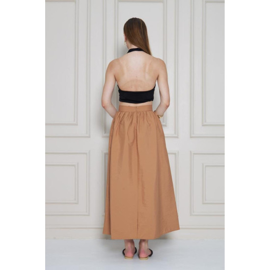 Pasaklı Giyim Kadın Karamel Paraşüt Kumaş Yazlık Gizli Fermuarlı Uzun Etek