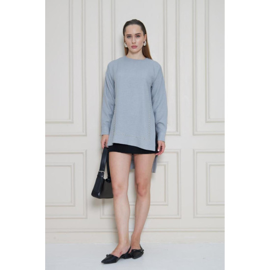 Pasaklı Giyim Kadın Premium Bambu Keten İncili Tunik Gri