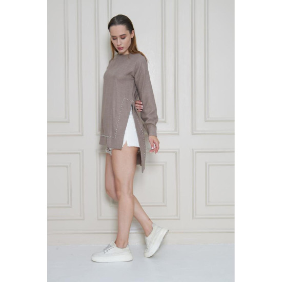 Pasaklı Giyim Kadın Premium Bambu Keten İncili Tunik Vizon