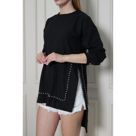 Pasaklı Giyim Kadın Premium Bambu Keten İncili Tunik Siyah