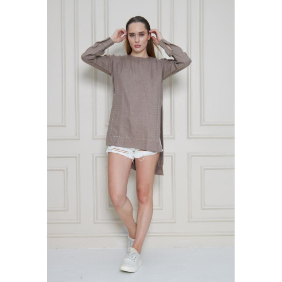 Pasaklı Giyim Kadın Premium Bambu Keten İncili Tunik Vizon