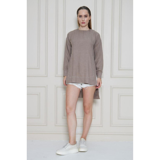 Pasaklı Giyim Kadın Premium Bambu Keten İncili Tunik Vizon