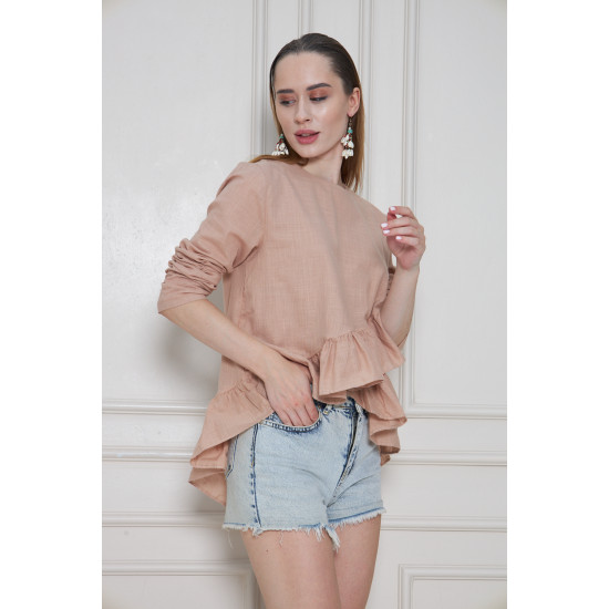 Pasaklı Giyim Kadın Fırfırlı Keten Bluz Vizon