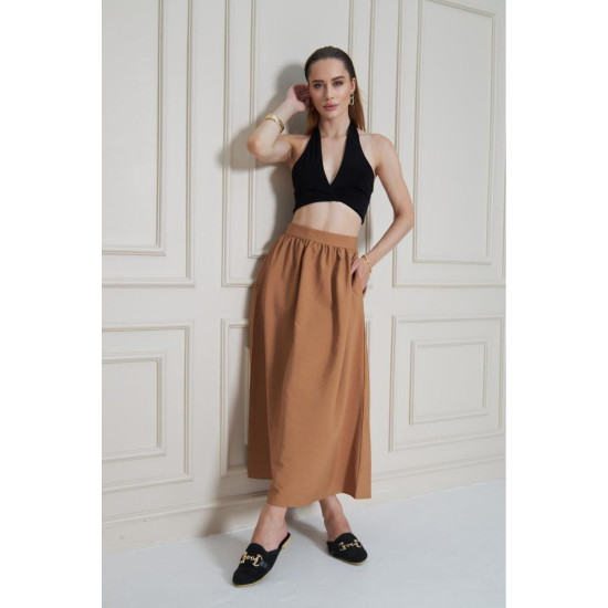 Pasaklı Giyim Kadın Karamel Paraşüt Kumaş Yazlık Gizli Fermuarlı Uzun Etek