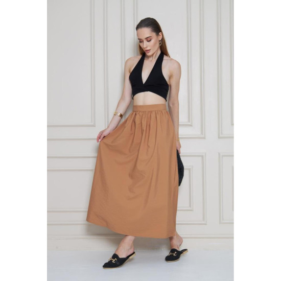 Pasaklı Giyim Kadın Karamel Paraşüt Kumaş Yazlık Gizli Fermuarlı Uzun Etek