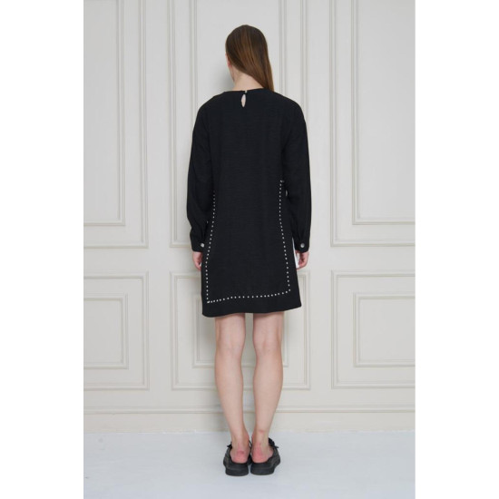 Pasaklı Giyim Kadın Premium Bambu Keten İncili Tunik Siyah