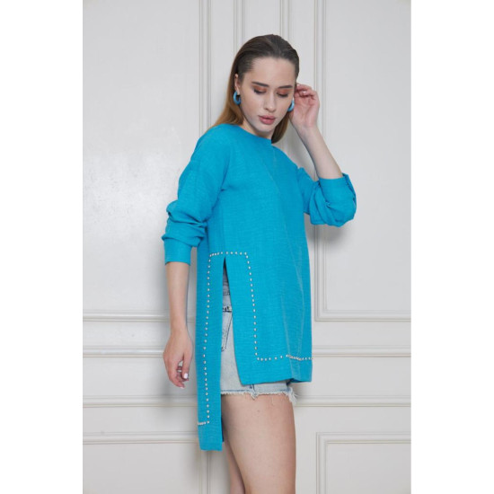 Pasaklı Giyim Kadın Premium Bambu Keten İncili Tunik Turkuaz