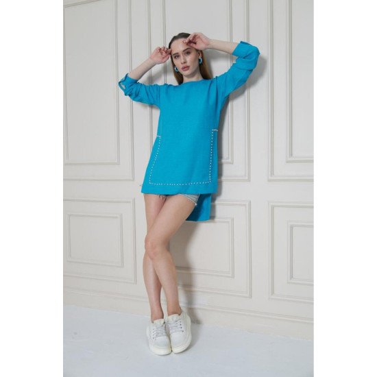 Pasaklı Giyim Kadın Premium Bambu Keten İncili Tunik Turkuaz