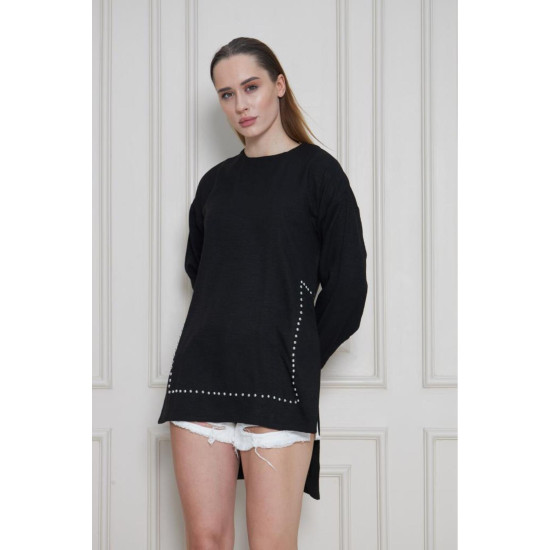 Pasaklı Giyim Kadın Premium Bambu Keten İncili Tunik Siyah