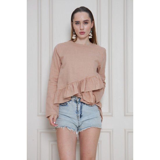 Pasaklı Giyim Kadın Fırfırlı Keten Bluz Vizon