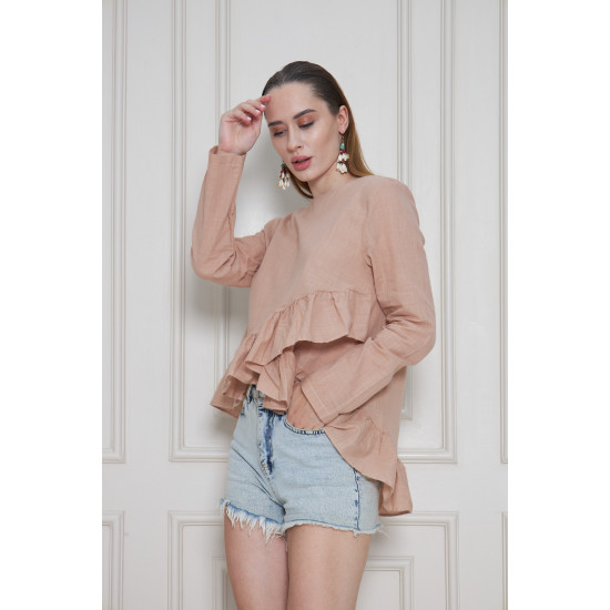 Pasaklı Giyim Kadın Fırfırlı Keten Bluz Vizon