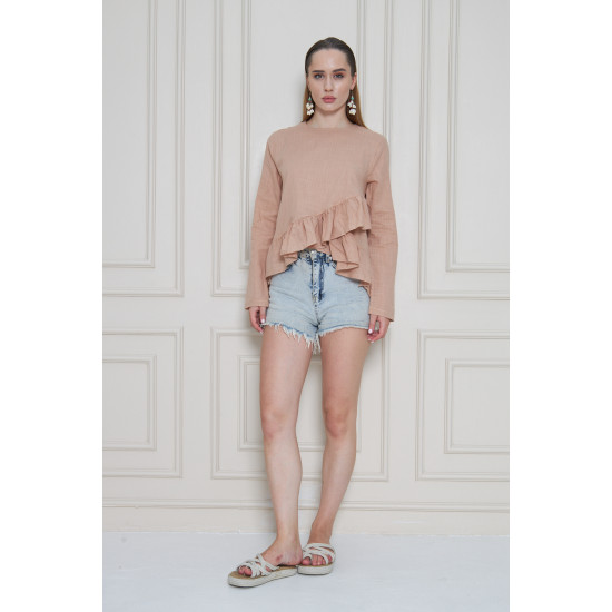 Pasaklı Giyim Kadın Fırfırlı Keten Bluz Vizon