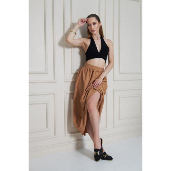 Pasaklı Giyim Kadın Karamel Paraşüt Kumaş Yazlık Gizli Fermuarlı Uzun Etek