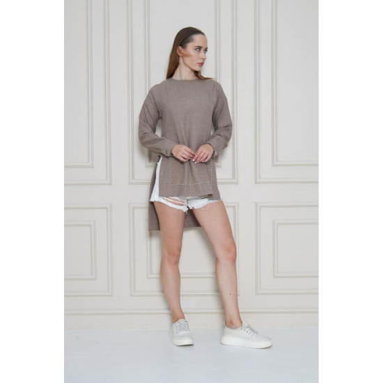 Pasaklı Giyim Kadın Premium Bambu Keten İncili Tunik Vizon