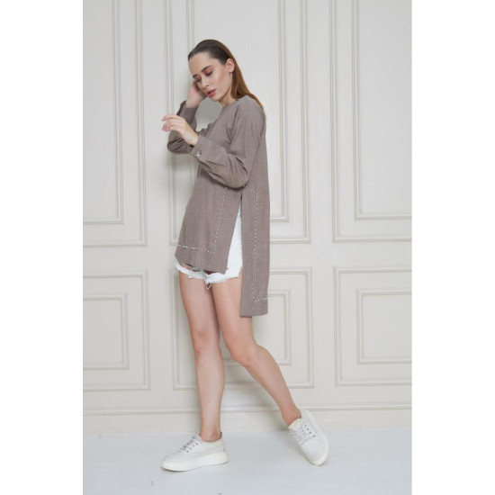 Pasaklı Giyim Kadın Premium Bambu Keten İncili Tunik Vizon