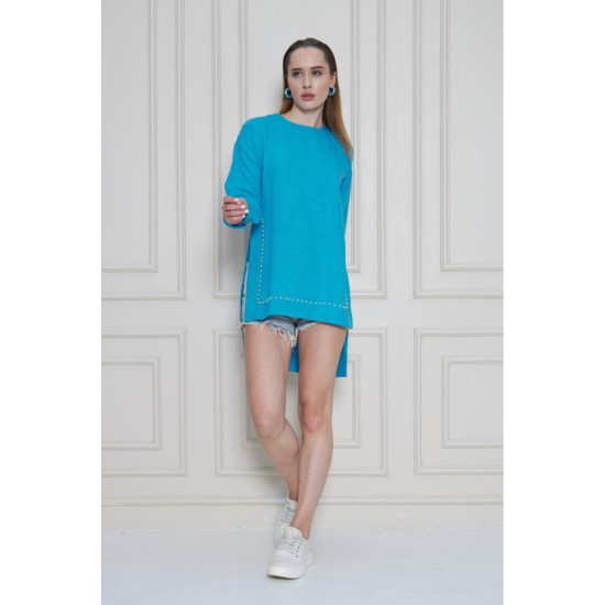 Pasaklı Giyim Kadın Premium Bambu Keten İncili Tunik Turkuaz