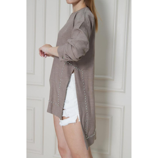 Pasaklı Giyim Kadın Premium Bambu Keten İncili Tunik Vizon