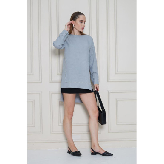 Pasaklı Giyim Kadın Premium Bambu Keten İncili Tunik Gri