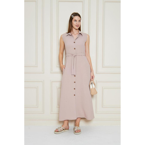 Pasaklı Giyim Giy Çık Kolsuz Uzun Gömlek Elbise Pudra