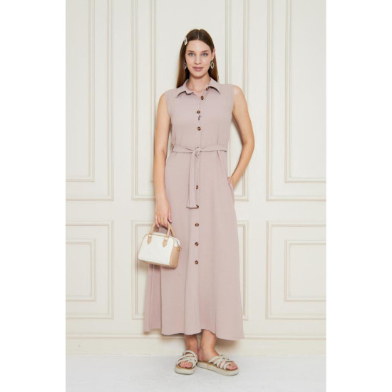 Pasaklı Giyim Giy Çık Kolsuz Uzun Gömlek Elbise Pudra