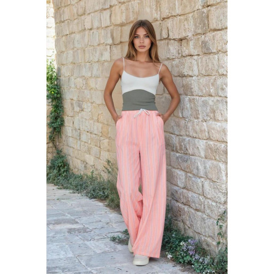 Pasaklı Giyim Kadın Fistolu Poplin Pantolon Pembe -Beyaz